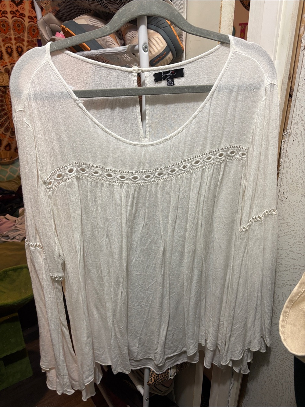 Earl Jeans White Crochet-Trim Boho Peasant Tunic